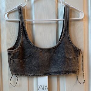 Zara trendy Denim Jean Crop Top acid wash scoop neck Small